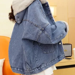 Women's Denim Jaet Fall Winter Thiened Fce Loose Warm Cotton Coat Casual Sle Hooded Stand Sve Length Regular