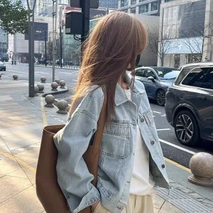 Retro Waed Cotton Denim Jaet ort Loose Fit Thin Spring Autumn Women's Korean Sle Long Sve irt Collar Button